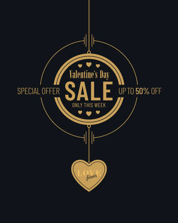 Black and gold colored Valentines Day sale invitation poster design with heart shaped pendant. Advertisement campaign flyer banner design for Valentines Day.のイラスト素材
