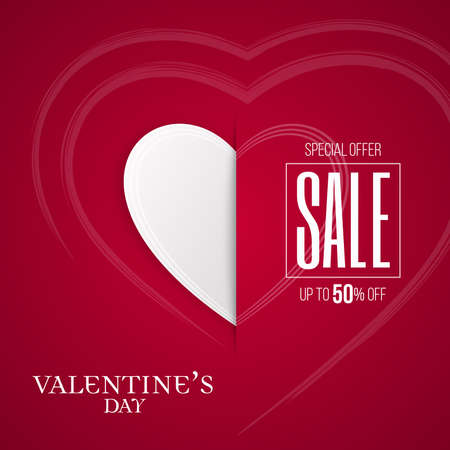 Valentines Day sale paper cut banner with white cut heart icon and sketch heart pattern. Red colored advertisement campaign invitation poster, flyer design for stores.のイラスト素材