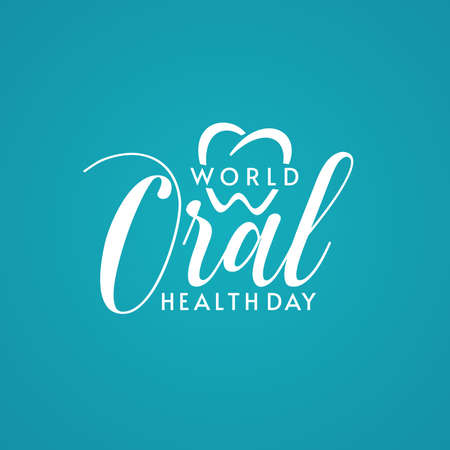 Logo design with World Oral Health Day typographic lettering and heart shape on turquoise background. Dental logo design.のイラスト素材