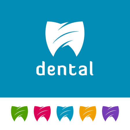 Shield shaped abstract tooth icons on white and blue background. Minimal logo design for dental.のイラスト素材