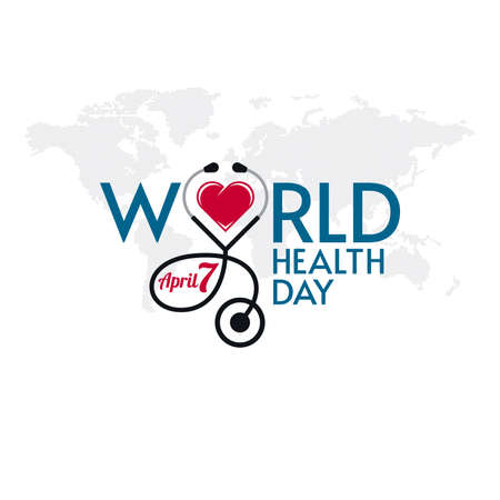 World Health Day typographic lettering with stethoscope and heart shape on world map textured background. Medical banner design.のイラスト素材