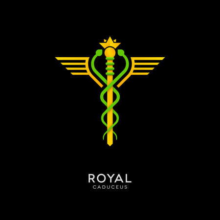 Caduceus royal icon with snakes, crown and wings shape. Medical vector logo design.のイラスト素材