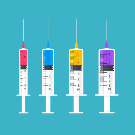 Disposable syringe shapes in various sizes and colors. Vaccine vector icon design.のイラスト素材