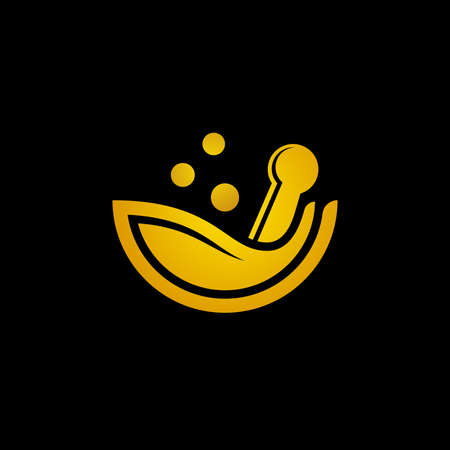 Gold colored bowl icon with pestle, leaf and seeds. Herbal medicine luxury logo design.のイラスト素材