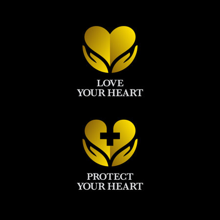 Gold colored heart icons with hands. Health, beauty or love luxury logo design.のイラスト素材