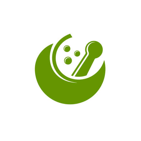 Bowl icon with pestle and leaves on white background. Organic herbal medicine logo design.のイラスト素材