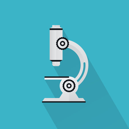 Cartoon microscope symbol with long shadow. Scientific research laboratory equipment icon design.のイラスト素材
