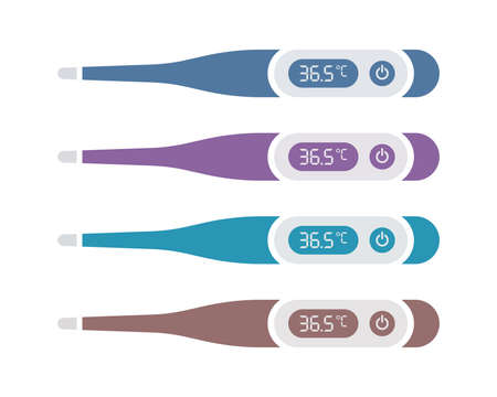 Digital thermometer isolated symbols in pastel colors. Medical equipment flat icon set.のイラスト素材