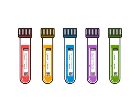 Labeled test tubes with liquid in various colors on white background. Medical equipment icon set.のイラスト素材