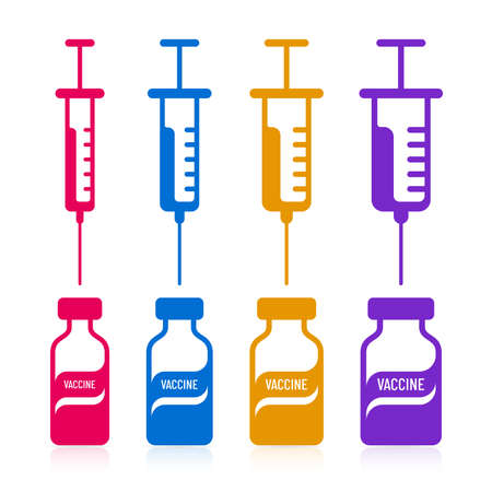 Various vaccine vials and syringes symbols. Medical vaccine equipments flat icon design.のイラスト素材
