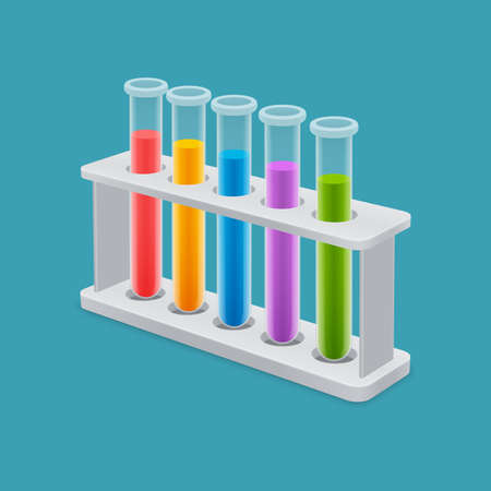 Transparent test tubes with liquid in various colors on stand. 3D laboratory equipment icon set.のイラスト素材