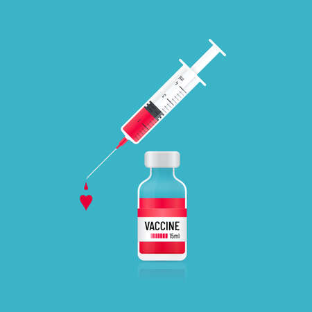 Vaccine vial and syringe with heart shaped vaccine drops. Vaccine medical concept design.のイラスト素材