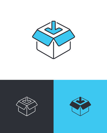 Isometric cargo box with arrow symbol. Parcel delivery vector icons on 3 different backgrounds.のイラスト素材