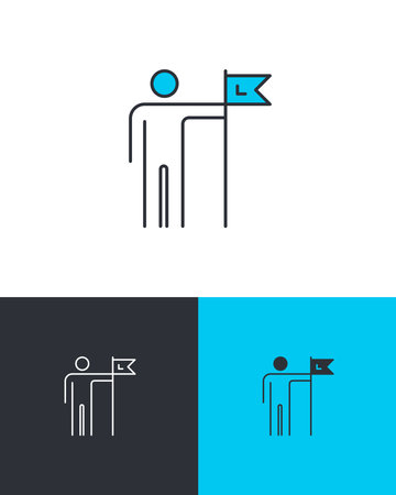 Victorious successful leader businessman holding flag. Success and victory concept. Leadership vector icon on three different backgrounds.のイラスト素材