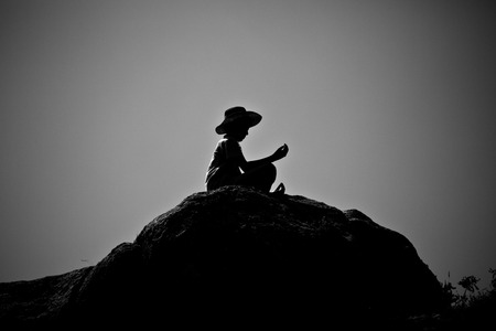 that climbers trekking at sunsetの写真素材