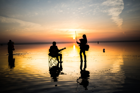 sunset and photo shoot in salt lakeの写真素材