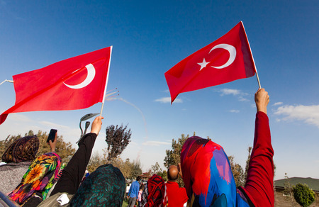 07 October 2017, Konya, Turkey. Turkish Air Force aerobatic demonstration team Turkish Stars are flying on the sky which called for 07 October 2017.のeditorial素材