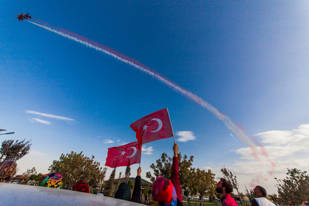 07 October 2017, Konya, Turkey. Turkish Air Force aerobatic demonstration team Turkish Stars are flying on the sky which called for 07 October 2017.のeditorial素材