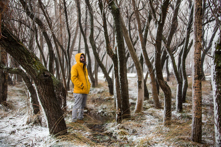 the man who is in the road that is snowの写真素材