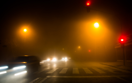 Foggy traffic view in winterの写真素材
