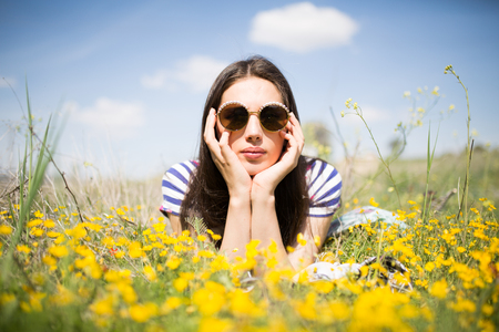 female model photography between flowersの写真素材