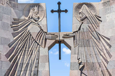 Vagharshapat, Armenia - June 15, 2017: Reliefs over the monumental gate of the Etchmiadzin Cathedral, in Vagharshapat, Armenia.のeditorial素材