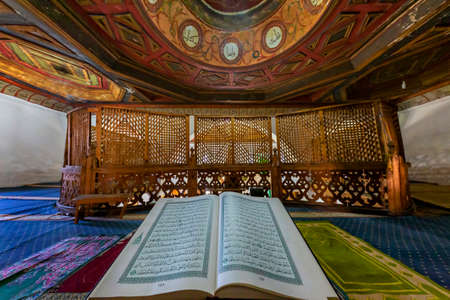 Muslim Holy Book Koran in the King Mosque known also as Sultan Mosque or Sultan Beyazit Mosque, in Berat, Albaniaのeditorial素材