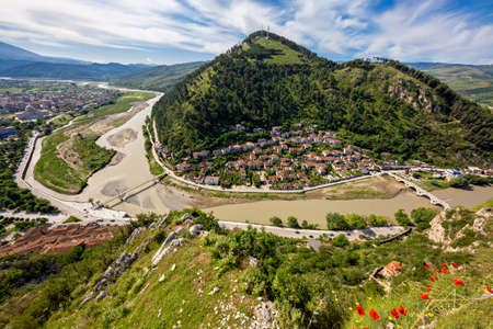 Aerial view over the old town Berat in Albania.のeditorial素材