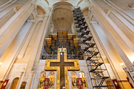 Scaffolding in the Sameba Cathedral, during its restoration, in Tbilisi, Georgia.