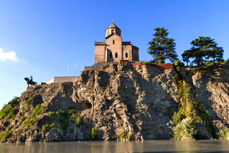 Metekhi Church and the statue of King Vahtang Gorgasali, in Tbilisi, Georgia.
