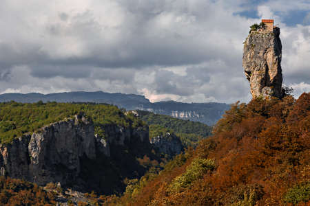 Limestone monolith pillar known as Katskhi pillar with a small monastery on its top in Georgia.の写真素材