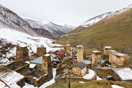 Mountain village Ushguli with its medieval towers in Caucasus Mountains, Georgiaの写真素材