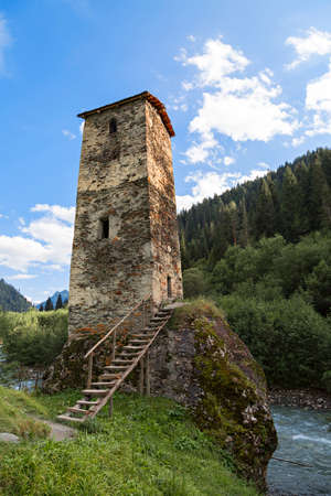Medieval tower in the Caucasus Mountains, in Georgia.のeditorial素材