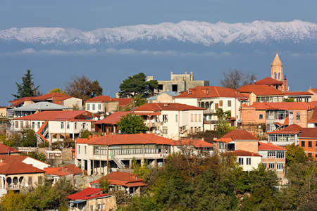 Sighnaghi, a small town in the Kakheti region, in Georgia with the Caucasus Mountains i the background.のeditorial素材