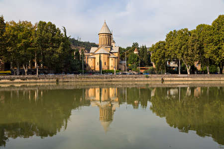 Sioni Cathedral and its reflection in the River Kura in Tbilisi, Georgia