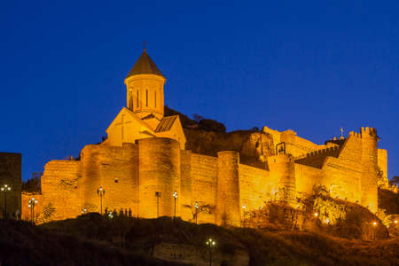 Narikala Castle at night in Tbilisi, Georgia.のeditorial素材