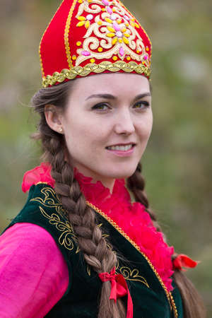 Kazakh woman in national costumes in Almaty, Kazakhstan.のeditorial素材