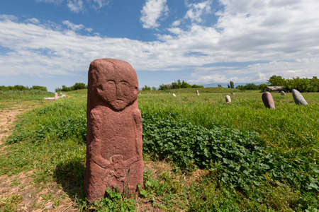 Balbas known as stone warriors, in the ruins of the ancient site of Balasagun in Kyrgyzstan.の写真素材