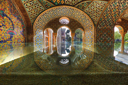 Reflection of the arch over the glass case, in the gazebo of the Golestan Palace, in Tehran, Iran. Golestan Palace is the former royal complex.のeditorial素材
