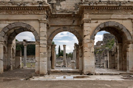 Roman gate into the public agora in the ruins of Ephesus, Turkey.の写真素材