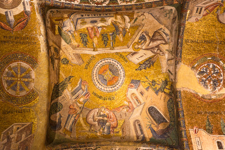Byzantine frescos and mosaics inside of the Chora Church, in Istanbul, Turkey.のeditorial素材