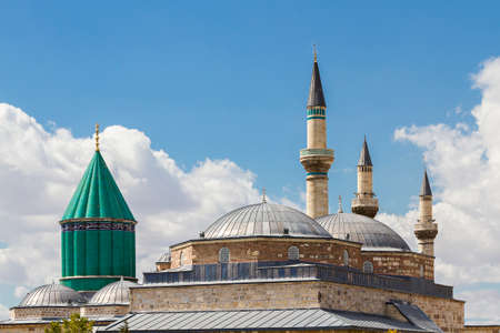Green dome of the Mausoleum of Mevlana and Selimiye Mosque in Konya, Turkeyのeditorial素材
