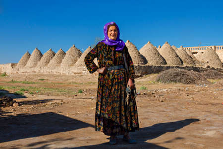 Local woman with mud brick adobe houses in the background, in the town of Harran, Sanliurfa, Turkey.のeditorial素材