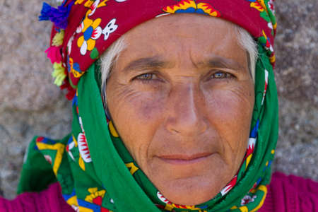Northern Aegean woman in traditional head dress, in Canakkale, Turkey.のeditorial素材