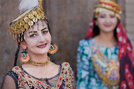 Uzbek women in traditional costumes, in Khiva, Uzbekistanのeditorial素材