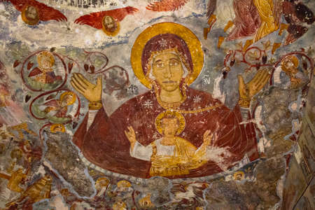 Fresco representing Holy Mary and Child Jesus Christ in the Historical Sumela Monastery, Trabzon, Turkeyのeditorial素材