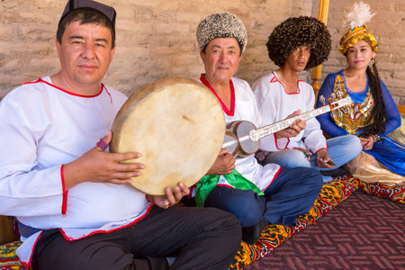 Khorezmian musicians in traditional dress in Khiva, Uzbekistanのeditorial素材