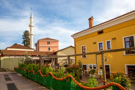 Colorful houses and mosque in Tirana, Albania