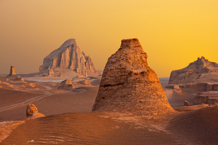 Lut desert with tall rock formations known as Kaluts in Iranの写真素材