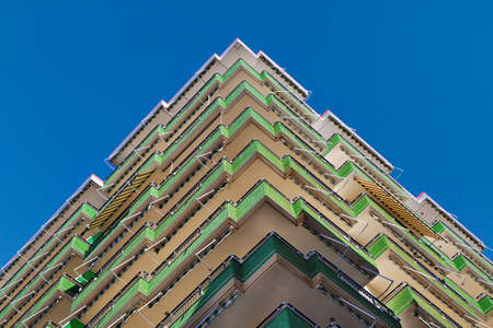 Colorful apartment buildings in the city of Fier in Albania